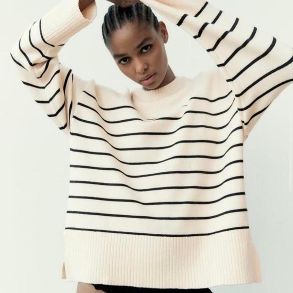 Zara Sweaters - ZARA Nautical-Inspired Cream & Black Oversized Crew Neck Sweater/SIZE: Small